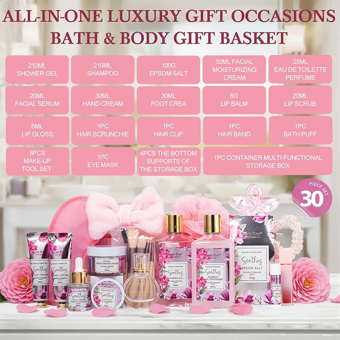 27 Pcs Spa Day Gifts Basket for Women, Camellia & magnolia Bath and Body Gift - Image 2