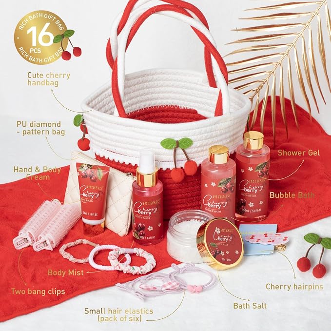 Spa Gifts for Women, Cherry & Berry Spa Gift Set for Teenage Tote Bag, Shower - Image 2