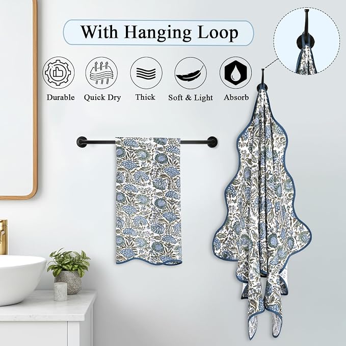 Ridhi Asparagus Green Hand Block Print Waffle Scallope Cotton Bath Towel Set of - Image 2
