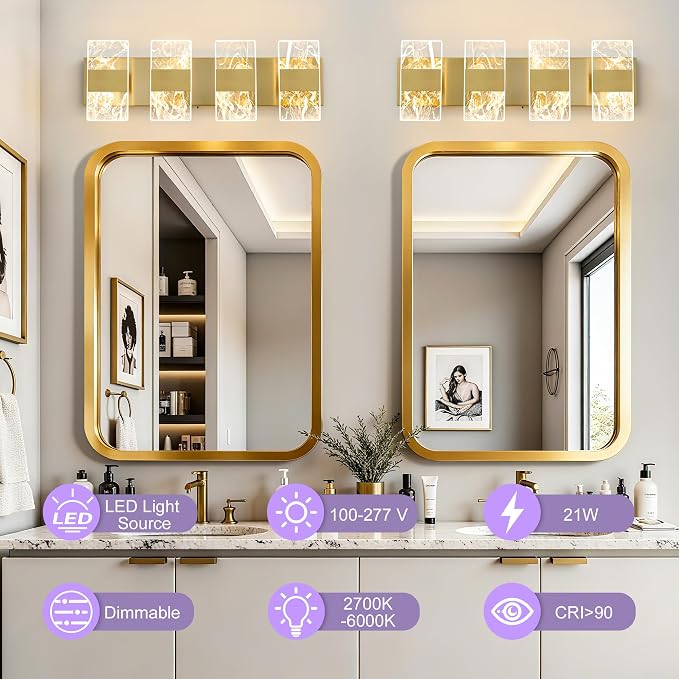 Modern LED Bathroom Light Fixtures Dimmable 4-Light Gold Vanity Light, 5CCT - Image 2