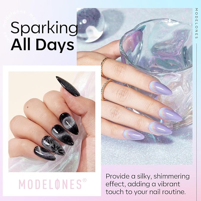 modelones Rainbow Cat Eye Gel Nail Polish Top Coat, 2-in-one 9D Glitter Clear - Image 5