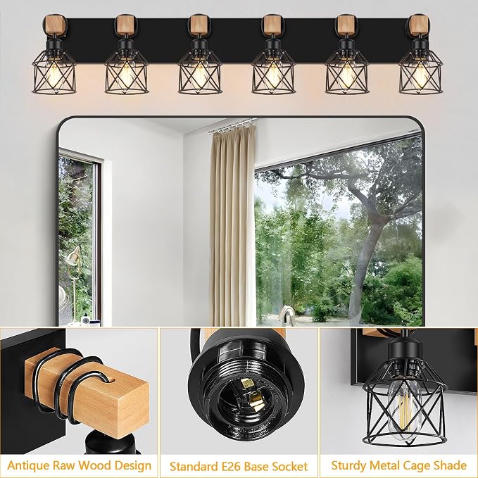 FadimiKoo 6-Light Farmhouse Bathroom Lighting Fixtures, Wood Black Vanity - Image 3