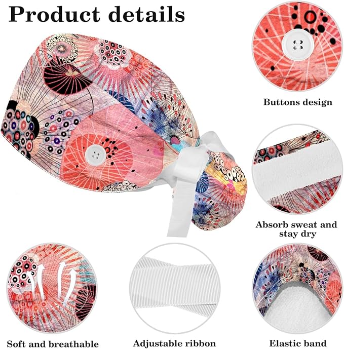 Women Working Cap with Buttons Bouffant Hat Autumn Leaves Nurse Scrub Caps Long - Image 4