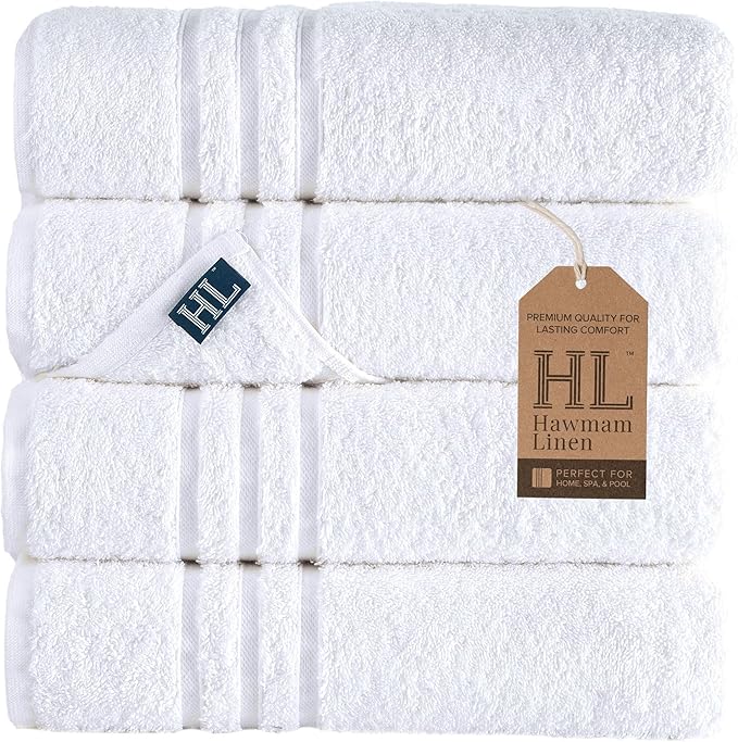 Hawmam Linen White Bath Towels 4 Pack 27 x 54 Inches 100% Turkish Cotton Soft by HawmamLinen