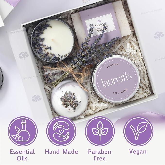 Mothers Day Gifts for Mom – Lavender Spa Gift Box, Small Candle Set - Image 3
