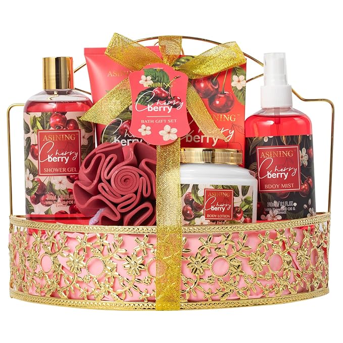 Bath & Body Basket Set, Cherry Fruit Scent Spa Gift Basket by ASINING