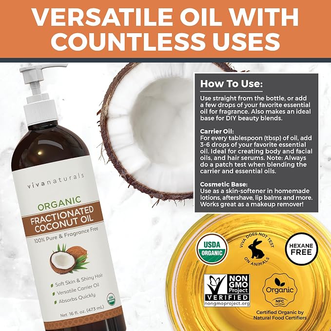 Viva Naturals Organic Fractionated Coconut Oil, 16 fl oz – Skin & Hair - Image 6