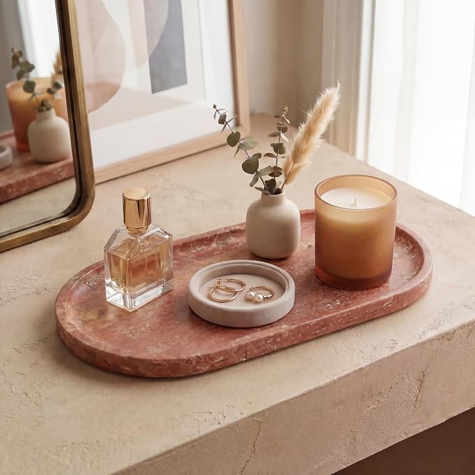 YKAJO Oval Real Marble Tray for Bathroom Kitchen Counter Stone Decorative - Image 2