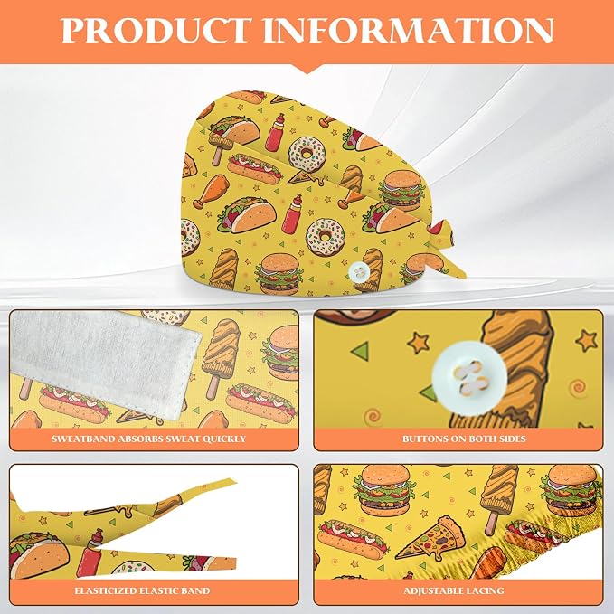 Adjustable Scrub Cap with Buttons & Sweatband, Working Hat with Elastic Tie Back - Image 2