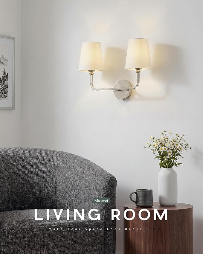 2-Light Bathroom Light Fixtures, Brushed Nickel Vanity Lights, Double Wall - Image 6