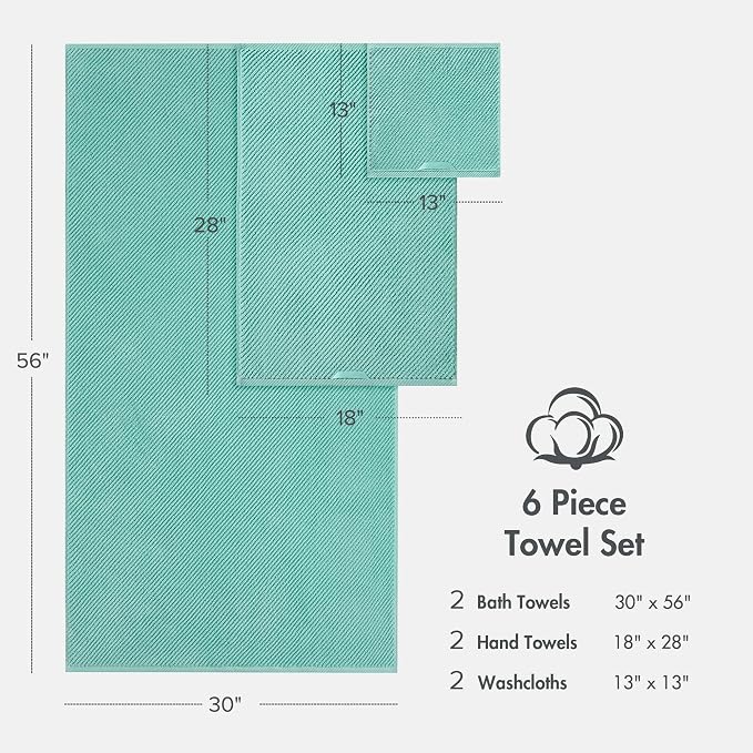 Madison Park Bathroom Towel Set of 6 Diagonal Ribbed, Turquoise 100% Cotton - Image 9