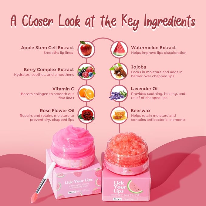 Watermelon Lip Scrub and Lip Sleeping Mask Duo to Exfoliate and Nourish Dry - Image 3