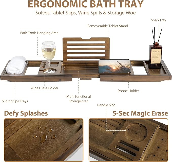 Teak Bathtub Tray | Adjustable Width Tray - Image 2