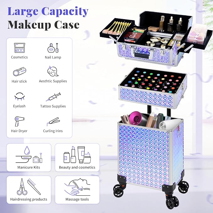 3 in 1 Rolling Makeup Train Case Professional Large Cosmetic Trolley - Image 3