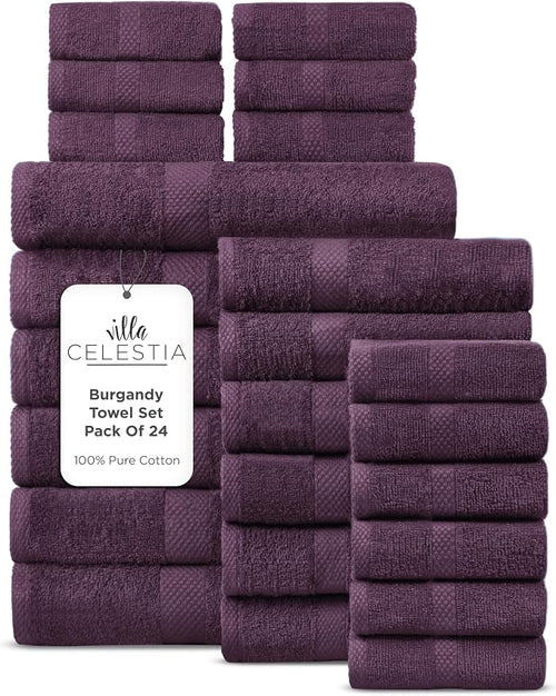 100% Cotton Bath Towel Set of 24-6 Bath Towels, 6 Hand Towels, 12 Wash Cloths by VillaCelestia