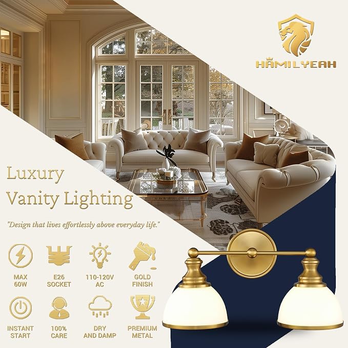 Hamilyeah 2-Light Gold Bathroom Vanity Light, Brushed Gold Wall Light Fixture - Image 2