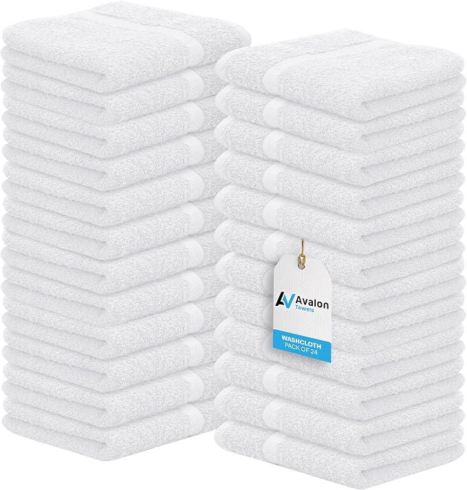 Avalon Towels Cotton Washcloths 24-Pack – 12 x 12 Inch White Super Soft & by AvalonTowels