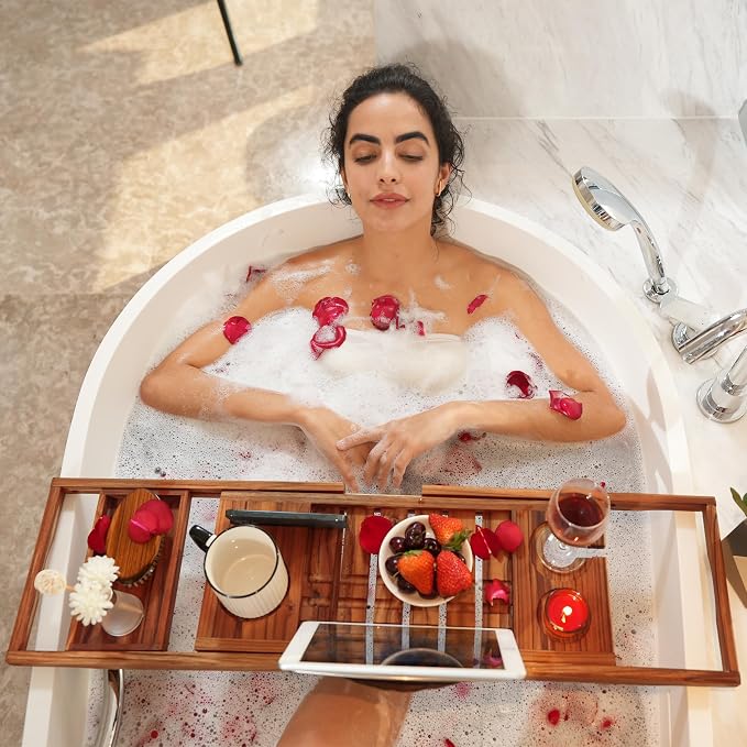 VaeFae Premium Teak Bathtub Tray, Expandable Wooden Bath Tray - Image 2