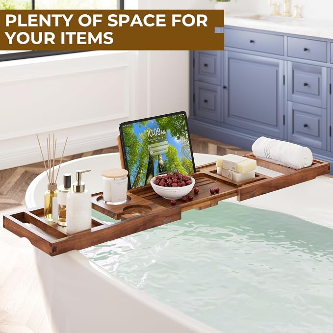 Venusmiles Teak Bathtub Tray Caddy, Foldable Bath Tray - Image 2