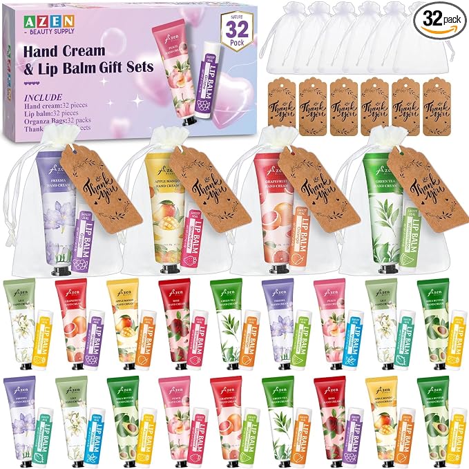 AZEN 32 Sets Bulk Gifts, Hand Cream and Lip Balm Bulk Set by AZEN