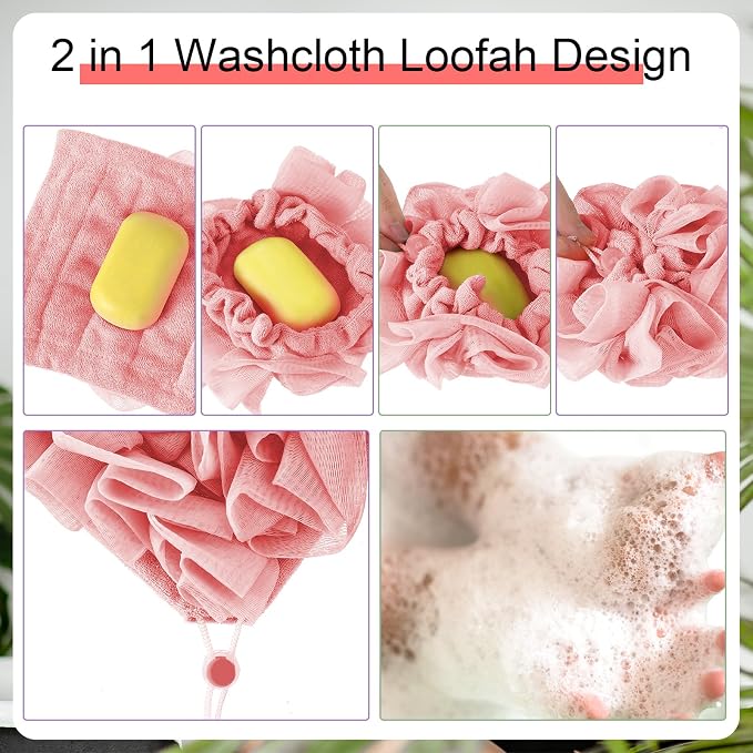 3 Pcs Washcloth Loofah Combo, 2 in 1 Bath Loofah Sponge - Image 2