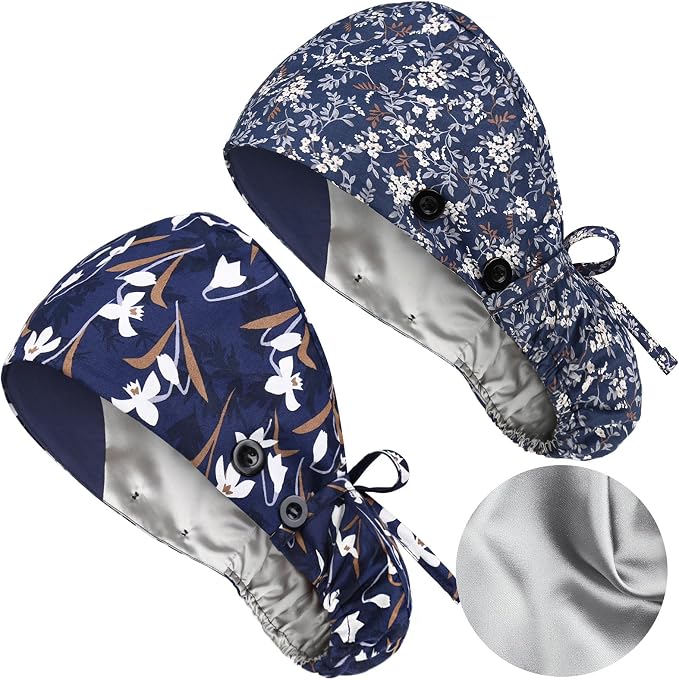 Satin Lined Scrub Caps with Buttons & Sweathand, Surgical Caps by Yuest