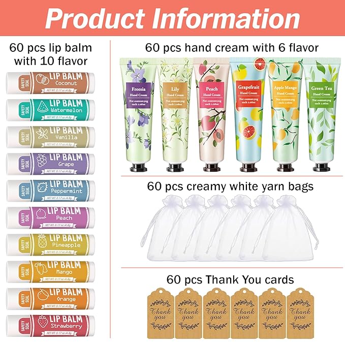AZEN 60 Sets Bulk Gifts, Hand Cream and Lip Balm Bulk Set - Image 2