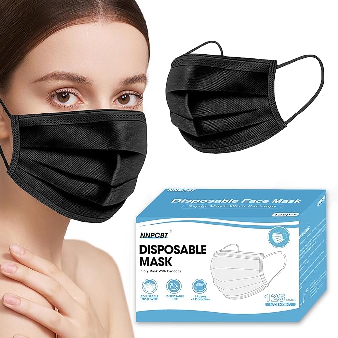 NNPCBT Black Disposable Face Masks 125 Pack, 3-Ply Breathable Mask by NNPCBT