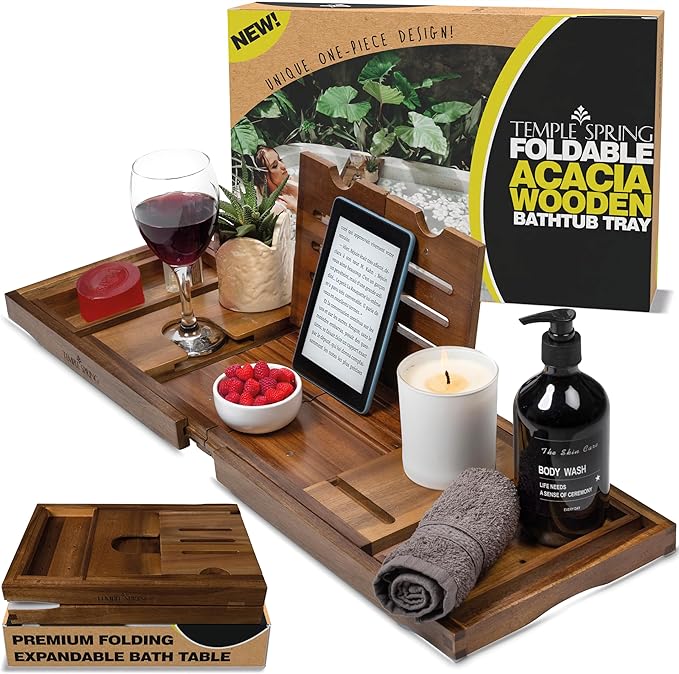 Temple Spring Foldable Bathtub Tray, Unique Design Selfcare Bathroom Caddy by TempleSpring%7CRelaxRefreshRecharge