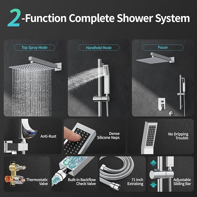 SR SUN RISE 10 Inch Square Shower Faucet, Adjustable 16-Inch Slide Bar Hand - Image 3