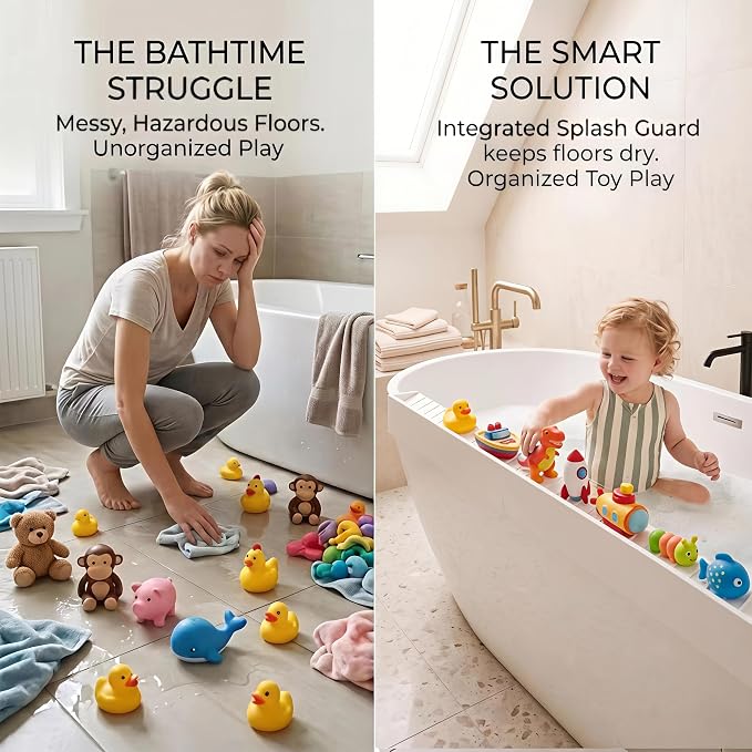 Bathtub Splash Guard for Tub Kids, Silicone Bath Toy Holder & Tub Side Tray - Image 4