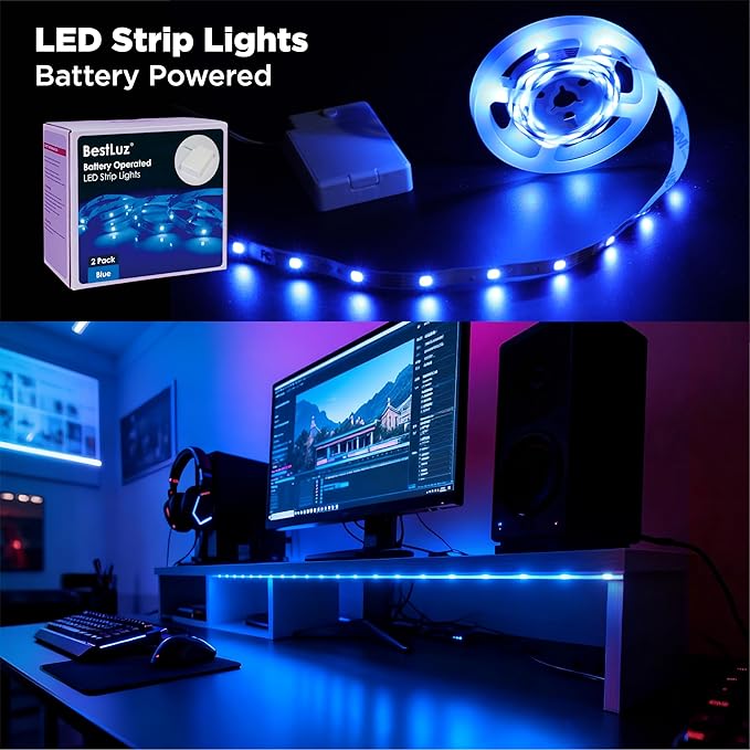 BestLuz Battery Operated LED Strip Lights 2X 3.33ft Flexible Blue LED Light - Image 2