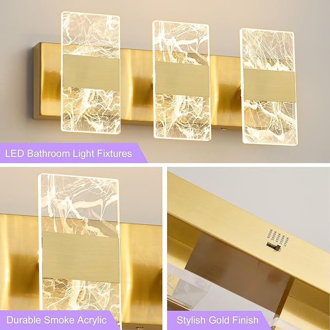 Modern LED Bathroom Light Fixtures Dimmable 3-Light Gold Vanity Light, 5CCT - Image 6