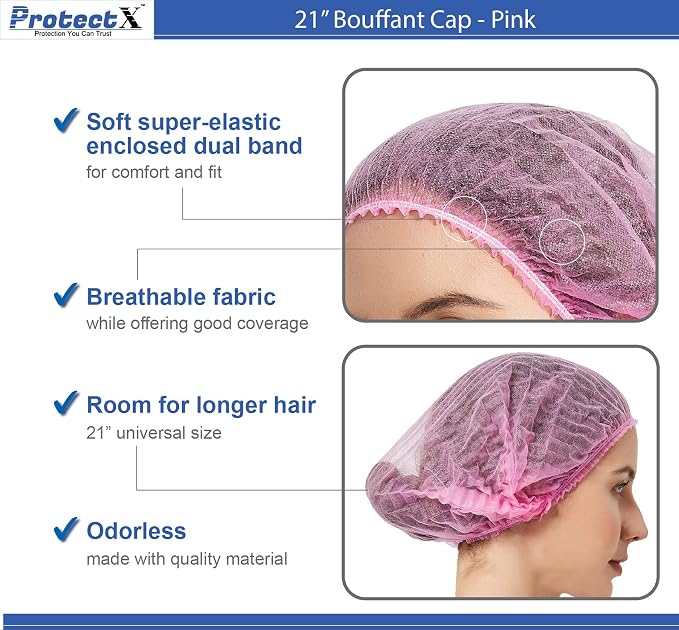 ProtectX 500-Pack Pink Disposable Hair Nets, Elastic Head Cover, Bouffant Caps - Image 4