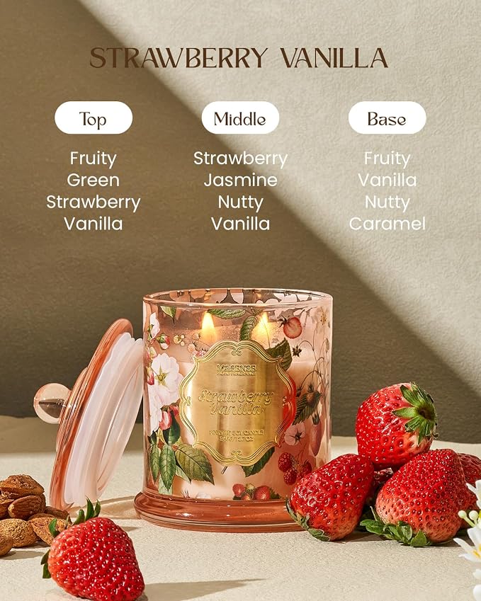 M&SENSE Strawberry Vanilla Soy Candle, Natural 12.7oz 75 Hour Long Lasting Slow - Image 2