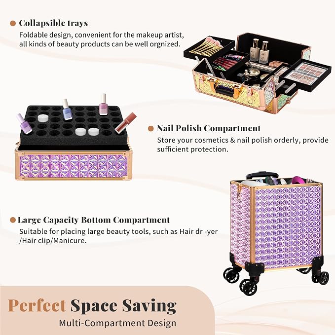 3 in 1 Rolling Makeup Train Case Professional Large Cosmetic Trolley - Image 5
