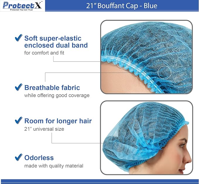 ProtectX 100-Pack Blue Disposable Hair Nets, Elastic Head Cover, Bouffant Caps - Image 4