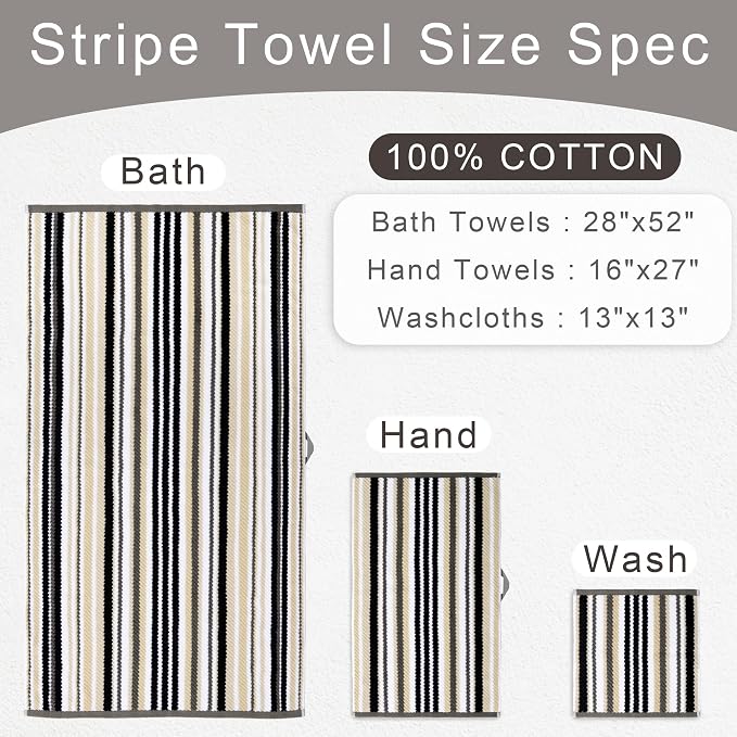 VOOVA & MOVAS 100% Cotton Ultra Soft Black Striped Washcloths - Image 2