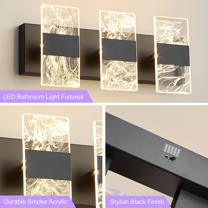 Modern LED Bathroom Light Fixtures Dimmable 3-Light Black Vanity Light - Image 6