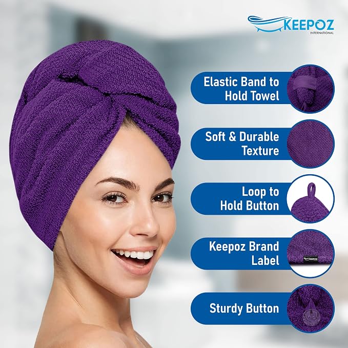 KEEPOZ Hair Towel Wrap Quick Dry 100% Cotton Super Absorbent Turban Head Wrap - Image 4