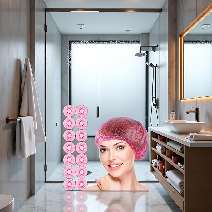 100 Pcs Pink Disposable Shower Caps, Shower Caps - Image 4