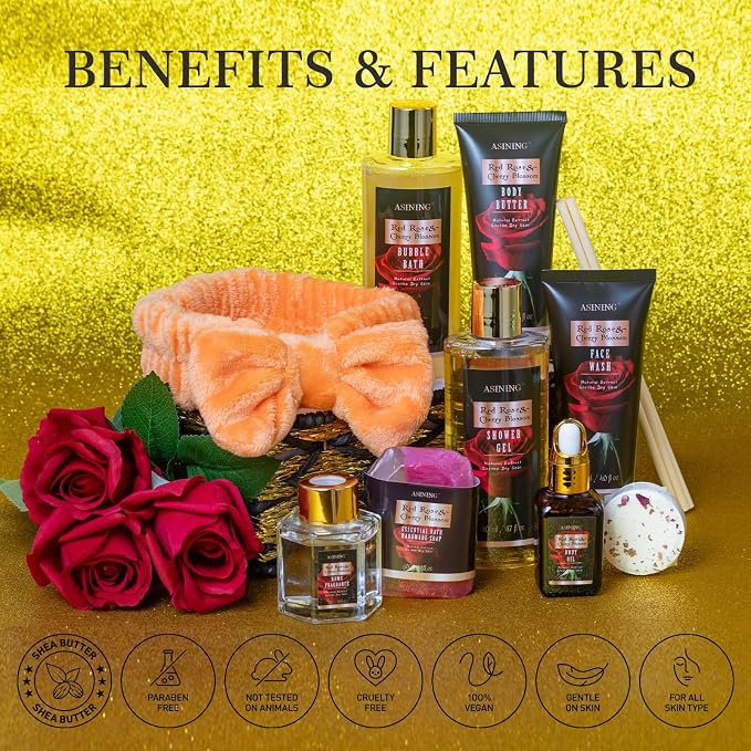 Luxury 14 pcs Cherry Blossom & Rose Bath and Body Basket Gift, Face Skin Care - Image 4