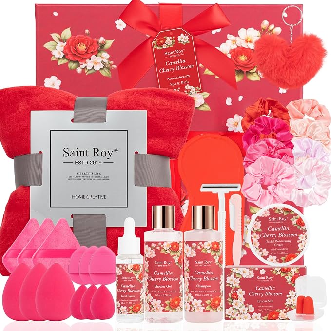 35 Pcs Valentines Day Gift for Women, Cherry Blossom Rose Bath and Body Basket - Image 8