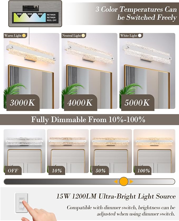 Brushed Nickel LED Bathroom Vanity Light, 24.4 Inch 15W Modern Dimmable - Image 3