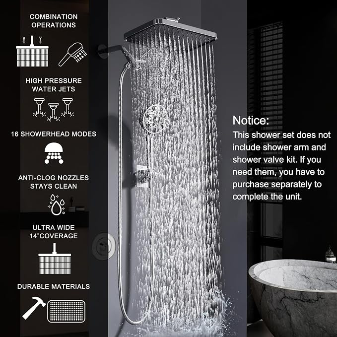 Dual shower Head with Handheld and Filter-14'' Rainfall ShowerHead, High - Image 8