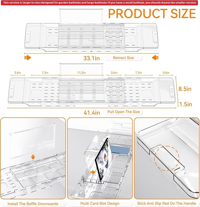 Yieach Luxury Clear Acrylic Bathtub Tray - Image 3
