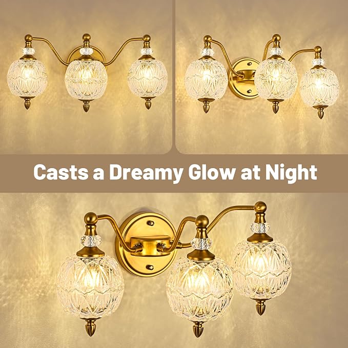 Vintage Bathroom Vanity Light, 3-Light Mid Century Matte Brass Finish Wall - Image 8