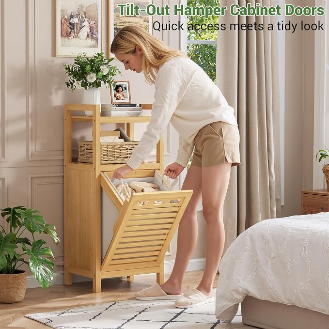 Homykic Tilt Out Laundry Hamper, 10 Gal Bamboo Laundry Storage Cabinet - Image 3