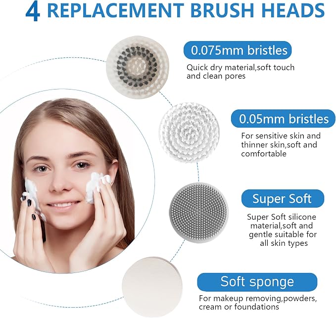 Facial Cleansing Brush, 2 in 1 Ｗaterproof IPx7 Facial Spin Scrubber Set - Image 6