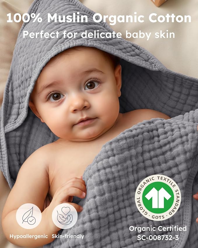 Yoofoss Hooded Baby Towels for Newborn 2 Pack 100% Muslin Organic Cotton Baby - Image 2